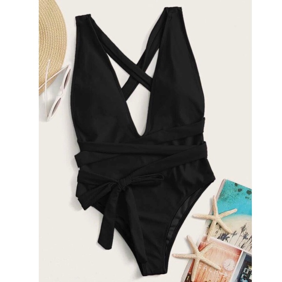 Black Plunging Backless Criss Cross Swimsuit - Picture 4 of 8